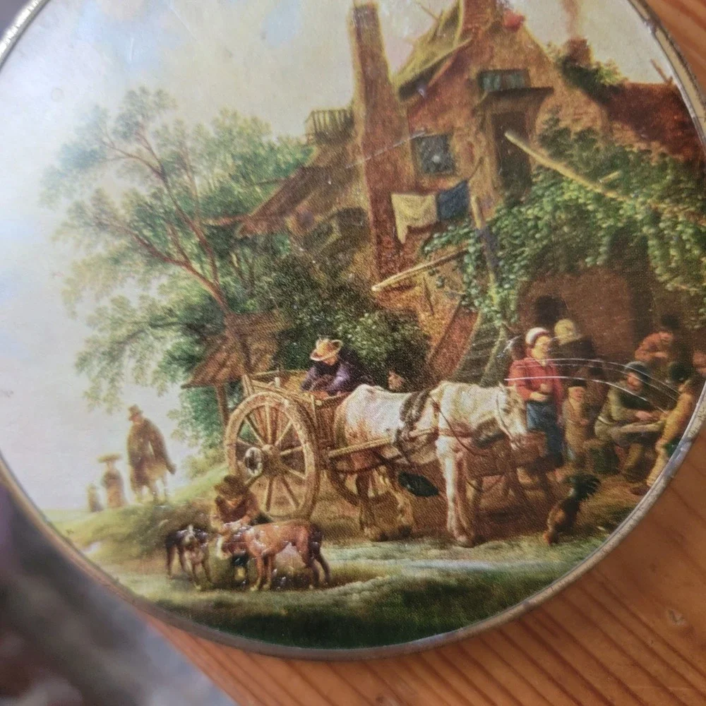 Vintage Round Trinket Box Decorative Scene Collectible Compact